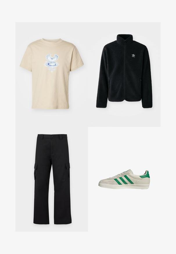 Zwarte fleece jacket met hoge kraag, ritssluiting aan de voorkant en voorzakken. Kenmerkt zich door textuurstof en een klein wit logo op de linkerborst.; Weekday BOXY GRAPHIC TEE - T-shirt print - beige; Zwarte cargobroek met een recht gesneden ontwerp. Gemaakt van duurzaam materiaal, met twee zijzakken met klep en een knoopsluiting.; Beige sneaker met groene strepen, voorzien van een witte zool en een bovenkant van glad leer. Zijaanzicht dat de veters en het logo benadrukt.