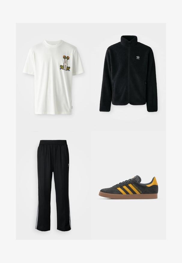 Casaco de fleece preto com gola alta, fecho de correr à frente e bolsos frontais. Apresenta um tecido texturizado e um pequeno logo branco no lado esquerdo do peito.; T-shirt branca de algodão com um design gráfico colorido no lado esquerdo do peito, representando flores e uma torre com tons de verde, laranja e azul.; Calças atléticas pretas com um cós elástico, apresentando riscas brancas laterais e um pequeno logótipo. O material parece macio e leve.; Tenis em camurça preta com detalhes amarelos, apresentando três riscas e uma sola de borracha castanha. Inclui uma língua acolchoada para maior conforto.