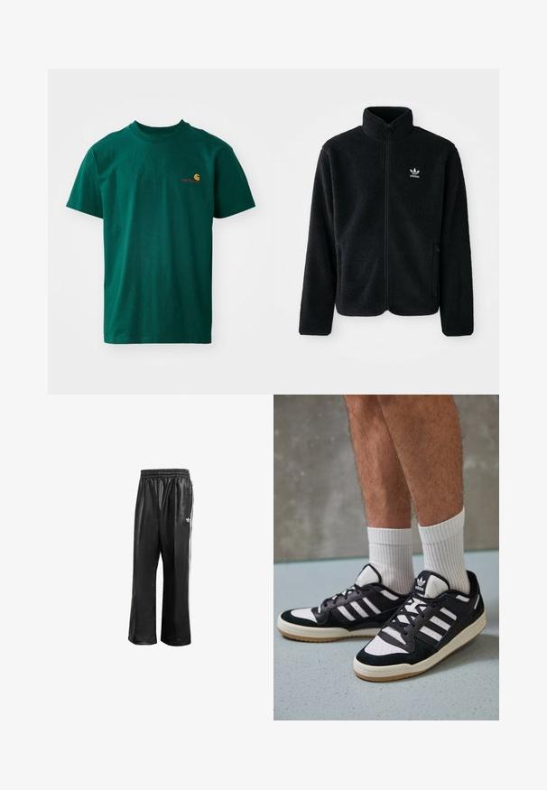 Černá fleecová bunda s vysokým límcem, předním zipem a předními kapsami. Disponuje strukturovanou tkaninou a malým bílým logem na levé hrudi.; Zelené bavlněné tričko s kulatým výstřihem a krátkým rukávem. Na levé straně hrudi má malé kontrastní logo v oranžové a červené barvě.; Černé syntetické sportovní kalhoty s elastickým pasem, se bílými postranními pruhy a malým bílým logem na levém boku.; Černobílé tenisky s vrchní částí z semišové a kožené kůže, včetně tří bílých pruhů, perforovaného špičky a podrážky z gumy.