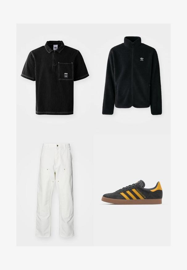 Svart fleecejakke med høy krage, glidelås foran og frontlommer. Har strukturert stoff og liten hvit logo på venstre bryst.; Svart kortermet polo med frontglidelås, hvite vertikale striper, brystlomme med lite logo og strukturert stoff.; Hvite bomullscargo bukser med avslappet passform. Funksjoner inkluderer frontlommer, gullfargede detaljer og forsterkede knepartier.; Sort skinnesko i svart semsket skinn med gule detaljer, med tre striper og en brun gummisåle. Inkluderer en polstret tunge for komfort.