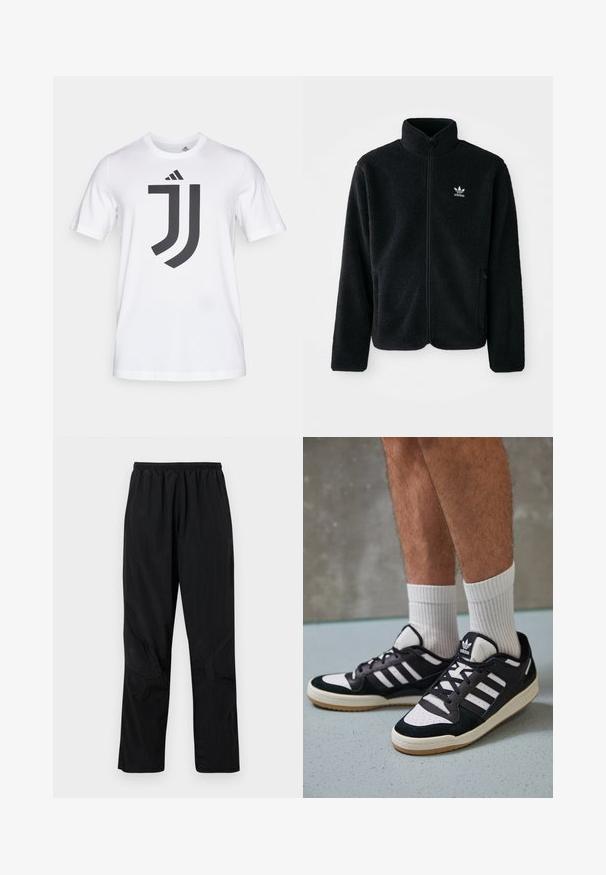 Melns flīsa mētelis ar augstu apkakli, ar rāvējslēdzēju priekšā un priekšējiem kabatām. Iezīmē ar teksturētu audumu un mazu baltu logo uz kreisā krūtīm.; Balta kokvilnas T-krekls ar īsām piedurknēm, kuram priekšā ir liels melns Juventus logo. Apaļš kakla izgriezums, standarta piegrieztne.; Melnas neilona bikses ar elastīgu jostasvietu, ar vieglu, teksturētu apdari un šuvju akcentiem mūsdienīgā dizainā.; Melnas un baltas kedas ar zamša un ādas augšdaļu, kas aprīkotas ar trim baltām svītrām, perforētu purngali un gumijas zolēm.