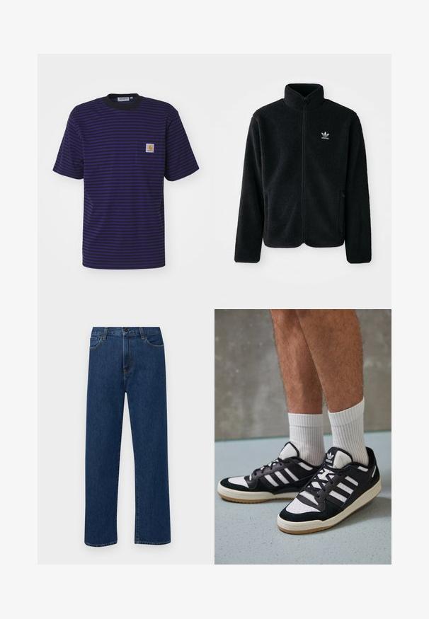 Juodas fliso džemperis su aukštu apykakle, užtrauktuku priekyje ir priekinėmis kišenėmis. Ypatybės: tekstūruota medžiaga ir mažas baltas logotipas kairėje krūtinės pusėje.; Juostuota t-shirt tamsiai violetinės ir juodos spalvos, trumpomis rankovėmis, su apvaliu kaklu ir maža logotipo kišenės detale kairėje krūtinės pusėje.; Tamsiai mėlynos tiesaus žandikaulio džinsai su priekinėmis kišenėmis ir mygtuko uždarymu, rodantys ant paprasto balto fono.; Juodos ir baltos sportinės bateliai su zomšiniu ir odiniu viršumi, su trimis baltomis juostelėmis, perforuota koja ir guminėmis padais.