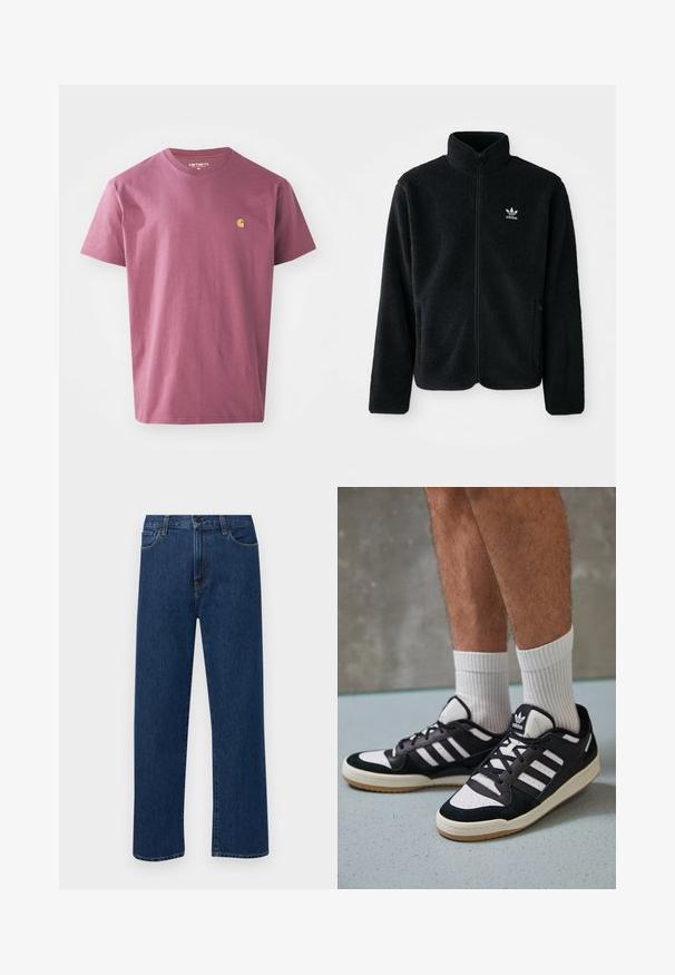 Schwarze Fleecejacke mit hohem Kragen, durchgehendem Reißverschluss und Fronttaschen. Verfügt über strukturiertes Material und ein kleines weißes Logo auf der linken Brust.; Lila Baumwoll-T-Shirt mit Rundhalsausschnitt, kurzen Ärmeln und einem kleinen gelben Logo auf der linken Brust. Schlichtes, einfarbiges Design.; Dunkelblaue gerade geschnittene Jeans mit Fronttaschen und Knopfverschluss, auf einem schlichten weißen Hintergrund präsentiert.; Schwarz-weiße Sneaker mit einem Obermaterial aus Wildleder und Leder, ausgestattet mit drei weißen Streifen, einer perforierten Zehenpartie und einer Sohle aus Gummi.