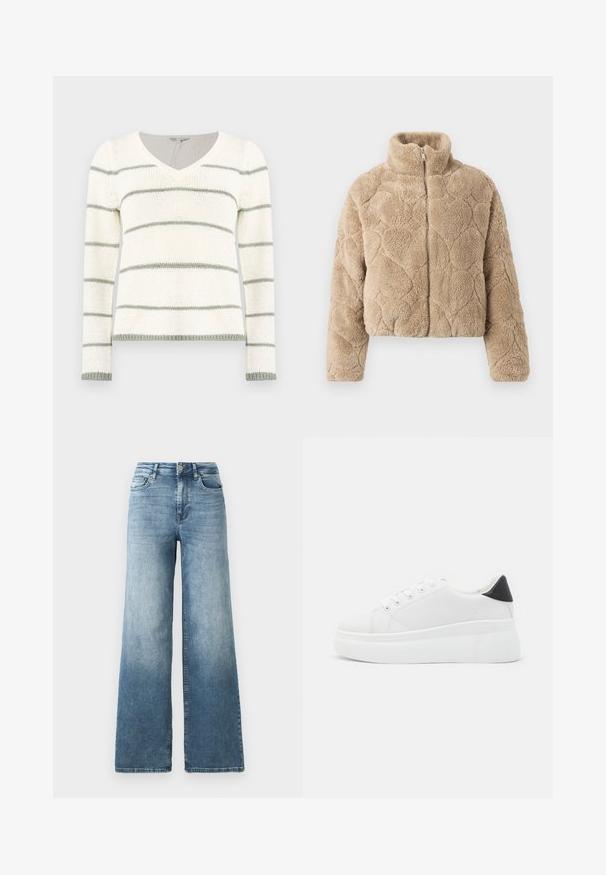 Beżowa polarowa kurtka zapinana na zamek z wysokim kołnierzem oraz teksturowanymi, sercowymi wzorami pikowanymi na rękawach i korpusie.; Sweter dziany z dekoltem w serek, z białymi i jasnoszarymi poziomymi paskami. Długie rękawy, ściągacze przy mankietach i dole.; Jeansy z szerokimi nogawkami w jasnoniebieskim odcieniu, z wysokim stanem, pięcioma kieszeniami i delikatnym wybawieniem materiału. Klasyczne zapięcie na metalowy guzik.; Białe sneakersy na platformie wykonane z gładkiego materiału syntetycznego, z zaokrąglonym noskiem, sznurowanym zapięciem i teksturowaną gumową podeszwą. Czarne akcenty na pięcie.