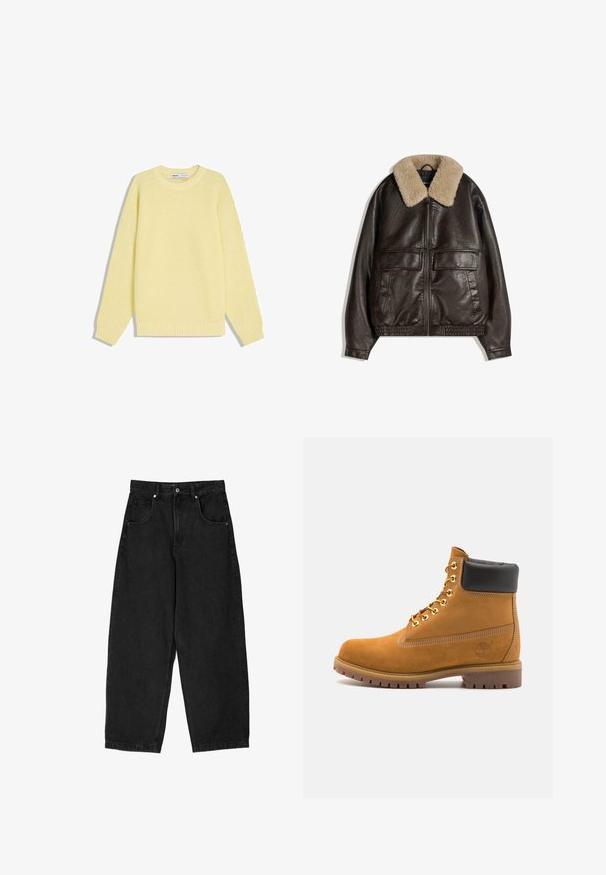Barna bőrdzseki bézs gyapjú gallérral, cipzáros záródással, két nagy elülső zsebbel, és rugalmas alsó szegéllyel és mandzsettákkal.; Sárga kötött pulóver bordás textúrával, kerek nyakkivágással és hosszú ujjal. Egyenes szabású sziluettel és elasztikus derékkal rendelkezik.; Fekete farmer széles szárú nadrág magas derékkal, öt zsebbel, cipzáras és fémből készült gombos záródással. Sima textúra, minimális részletezéssel.; Barna velúr bokacipő fekete párnázott gallérral, arany fém fűzőlyukakkal, fehér varrási részletekkel és durva gumitalppal, amelynek kifejezett barázdái vannak.