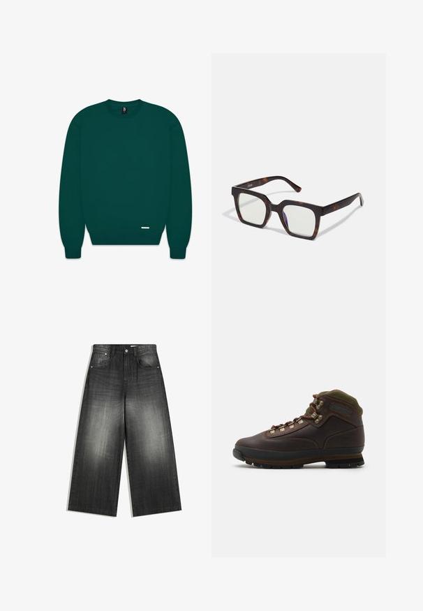 Veste en cuir marron avec un col en shearling beige, fermeture éclair, deux grandes poches avant, et ourlet et poignets élastiqués.; Sweatshirt à col rond vert foncé, en mélange de coton, avec des poignets et un ourlet côtelés, design minimaliste avec une petite étiquette logo en bas à gauche.; Pantalons en denim à jambe large en noir délavé, présentant un design classique à cinq poches et une surface légèrement texturée. Accents en matériel métallique.; Botte de randonnée en cuir brun avec un col en tissu vert. Présente des crochets métalliques pour les lacets, une semelle en caoutchouc et un motif texturé pour l'adhérence.; Lunettes de soleil carrées avec une monture en acétate écaille de tortue et des verres transparents. Elles présentent des branches larges et une finition mate, améliorant ainsi la durabilité globale.; Sac de voyage en cuir marron avec fermeture éclair, doubles poignées, bandoulière réglable et motifs de texture visibles sur la surface.; Montre en or et argent avec un cadran vert, trois sous-cadrans, et une lunette en or striée. Dispose d'un bracelet en métal bicolore avec des maillons brillants.