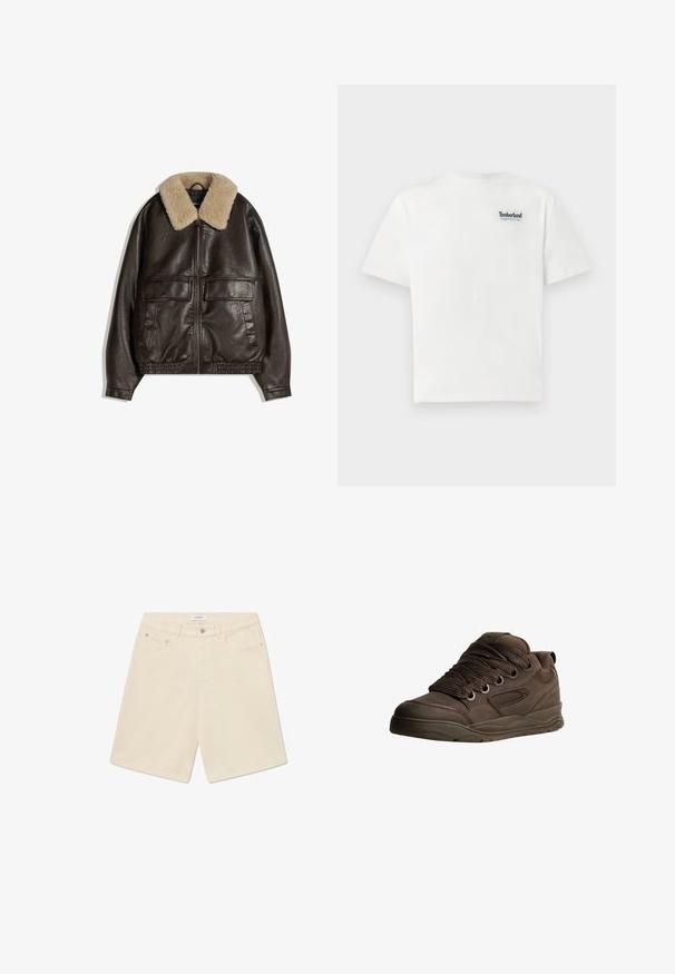 Hnědá kožená bunda s béžovým ovčím límcem, zapínáním na zip, dvěma velkými předními kapsami a elastickým lemem a manžetami.; Bílý bavlněný tričko s modře vyšívaným logem "Timberland Rugged Active Gear" na levé horní části hrudi. Krátké rukávy a kulatý výstřih.; Béžové denimové šortky s rovného střihu, pěti kapsami a značkovou nášivkou na pasu. Mají zapínání na knoflík a zip.; Hnědé sportovní boty vyrobené z hladkého syntetického materiálu. Mají silné šňůrky, síťované detaily, polstrovaný límec a texturovanou gumovou podrážku.
