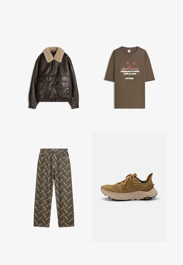 Barna bőrdzseki bézs gyapjú gallérral, cipzáros záródással, két nagy elülső zsebbel, és rugalmas alsó szegéllyel és mandzsettákkal.; Barna pamut póló rövid ujjakkal, kontrasztos színű grafikus szöveggel és csillagokkal díszítve. Egyenes fazonú, kerek nyakkivágással.; Világos bézs színű, teljesen tollmintás khaki farmerek. Laza szabás, standard zsebekkel és kontrasztos varrási részletekkel.; HOKA ANACAPA 2 FREEDOM - Túracipők - wheat/oak