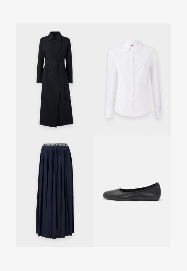 Double-breasted black trench coat made of smooth fabric, featuring a belted waist, long sleeves, and a classic collar design.; White long-sleeve shirt with a pointed collar, front button closure, and fitted design. Smooth cotton fabric with subtle stitching details.; Weekend Max Mara BLEU - Maxi skirt - navy; Black leather ballet flat with a rounded toe, smooth texture, minimal stitching detail, and a flexible sole design.