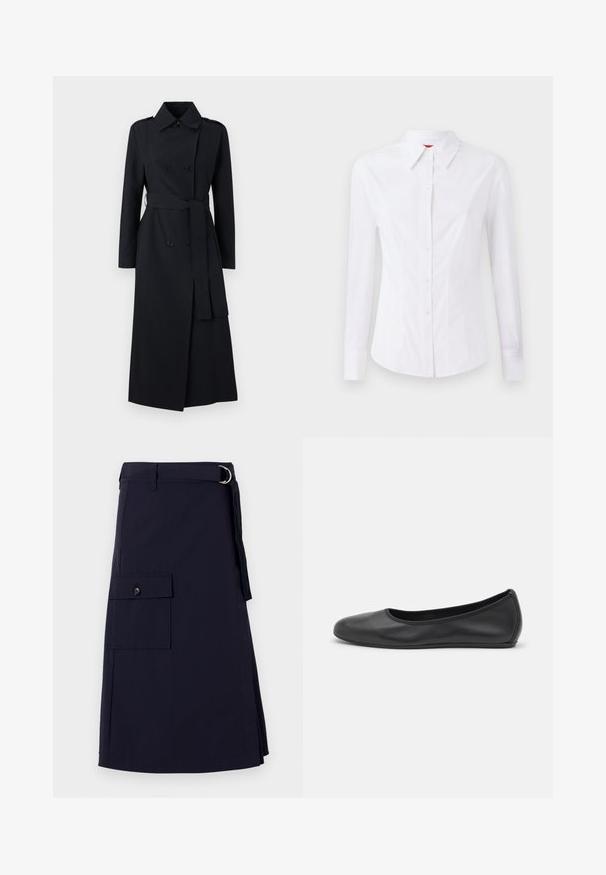 Double-breasted black trench coat made of smooth fabric, featuring a belted waist, long sleeves, and a classic collar design.; White long-sleeve shirt with a pointed collar, front button closure, and fitted design. Smooth cotton fabric with subtle stitching details.; Navy blue skirt with a structured design, featuring a side cargo pocket and a metal D-ring belt accent. Made from durable fabric.; Black leather ballet flat with a rounded toe, smooth texture, minimal stitching detail, and a flexible sole design.