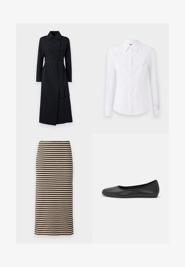 Doppelreihiger schwarzer Trenchcoat aus glattem Stoff, mit einem taillierten Gürtel, langen Ärmeln und einem klassischen Kragen-Design.; Weißes langärmliges Hemd mit spitzem Kragen, vorderem Knopfverschluss und taillierter Passform. Glattes Baumwollmaterial mit dezenten Stickdetails.; Strick-Bleistiftrock mit horizontalen schwarz-beigen Streifen, der eine figurbetonte Silhouette und eine glatte Textur aufweist. Der Saum ist gerade und sauber.; Schwarze Leder-Ballettschuhe mit abgerundeter Spitze, glatter Textur, minimalen Nähdetails und einem flexiblen Sohlen-Design.