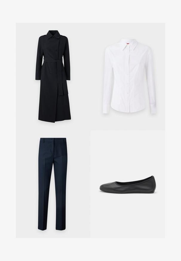 Dvojřadý černý trenčkot vyrobený z hladké tkaniny, s páskem v pase, dlouhými rukávy a klasickým límcem.; Bílé dlouhé rukávy košile s špičatým límcem, předním zapínáním na knoflíky a přiléhavým střihem. Hladká bavlněná tkanina s jemnými detaily šití.; Námořnické kalhoty vyrobené z hladkého materiálu, s rovnými nohavicemi, plochým předním dílem a bez viditelných kapes nebo ozdob.; Černé kožené baletní byty s kulatou špičkou, hladkou texturou, minimálními švy a flexibilním designem podrážky.