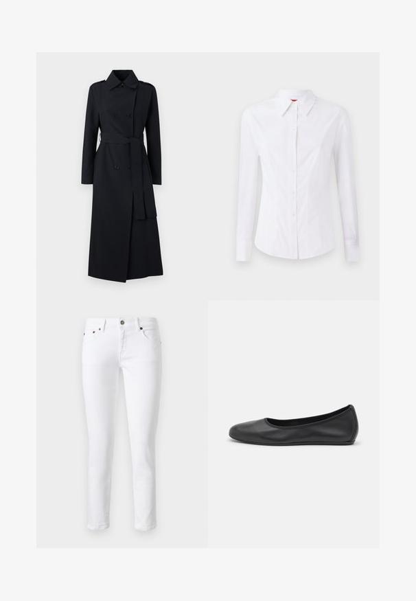 Double-breasted black trench coat made of smooth fabric, featuring a belted waist, long sleeves, and a classic collar design.; White long-sleeve shirt with a pointed collar, front button closure, and fitted design. Smooth cotton fabric with subtle stitching details.; White denim jeans with a slim fit, five-pocket design, button closure, and subtle stitching details on front and back pockets.; Black leather ballet flat with a rounded toe, smooth texture, minimal stitching detail, and a flexible sole design.