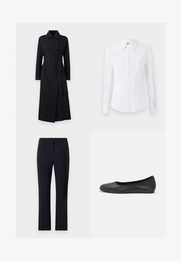 Double-breasted black trench coat made of smooth fabric, featuring a belted waist, long sleeves, and a classic collar design.; White long-sleeve shirt with a pointed collar, front button closure, and fitted design. Smooth cotton fabric with subtle stitching details.; Navy tailored trousers with a flat front, belt loops, two side pockets, and a straight leg design. Made from a smooth fabric.; Black leather ballet flat with a rounded toe, smooth texture, minimal stitching detail, and a flexible sole design.