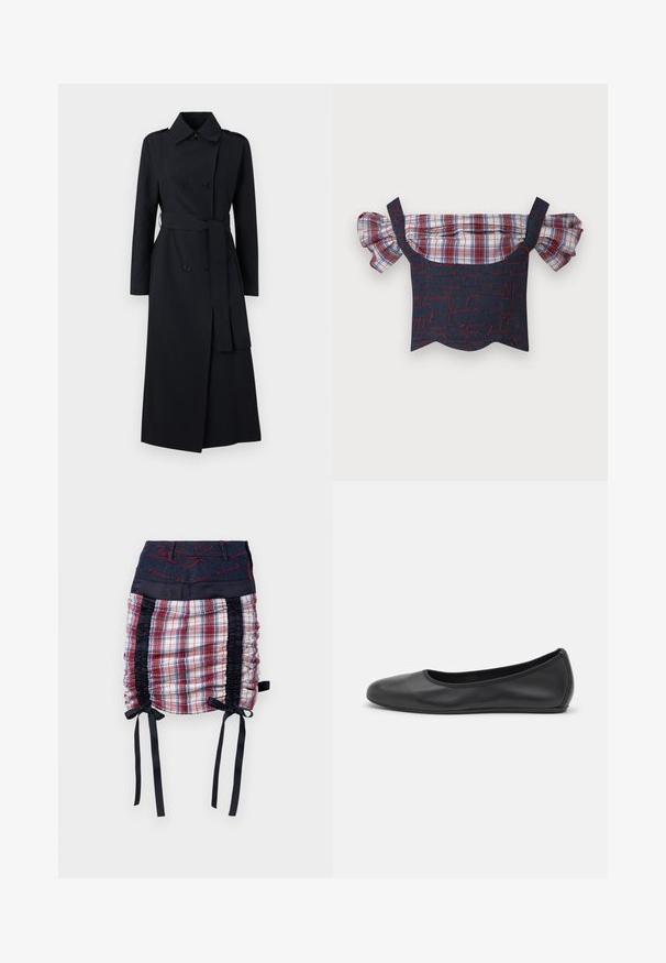 Dubbelbreasted zwarte trenchcoat van gladde stof, met een riem in de taille, lange mouwen en een klassiek kraagontwerp.; Denim off-shoulder top met puffy geruite mouwen, met een rood en blauw patroonlichaam en een gegolfde zoom. Inclusief verstelbare bandjes.; Geverfde rok met een marineblauwe denim tailleband. Bevat zwarte zijpanelen, ruchingdetails en zwarte lintstrikken aan de onderkant. Rode stiksels als accent.; Zwarte leren ballerina met een ronde neus, gladde textuur, minimale stikdetails en een flexibele zoolontwerp.