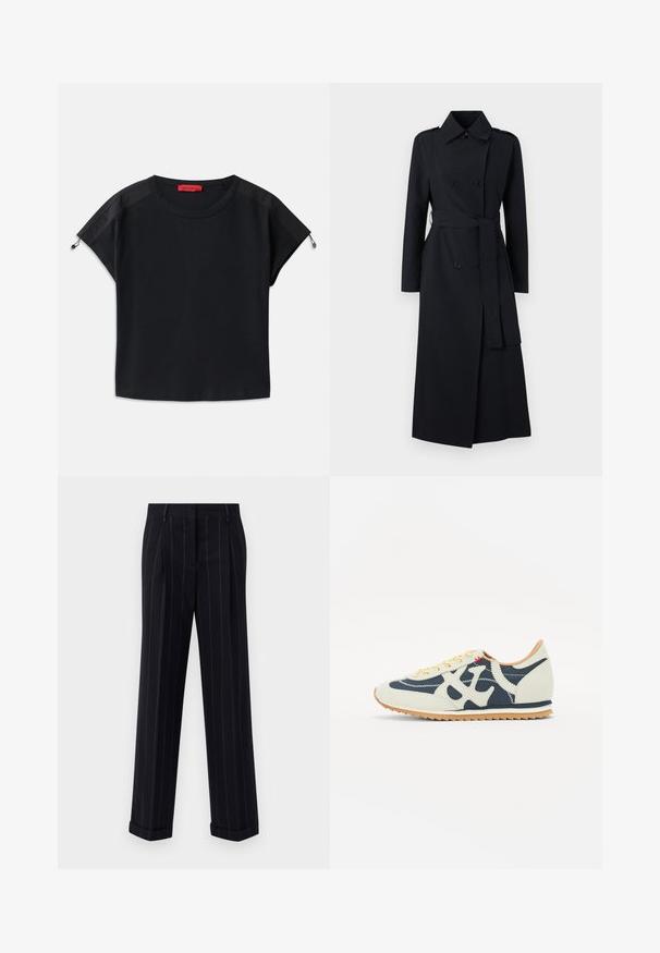 Dobbeltspent svart trenchcoat laget av glatt stoff, med belte i midjen, lange ermer og en klassisk kragedesign.; Svart avkortet t-skjorte med rund hals. Har myk stoff med satengpaneler på skuldrene og snøringdetaljer på ermene.; Svarte pinstripede bukser med en tilpasset passform, som har en oppbrett på bunnen og frontfolder. Laget av glatt stoff med en strukturert design.; Sko med en blanding av kremfarge, marineblå og semsket skinnmaterialer, snaredesign, skrå sømmer, og en gummisåle med grep.