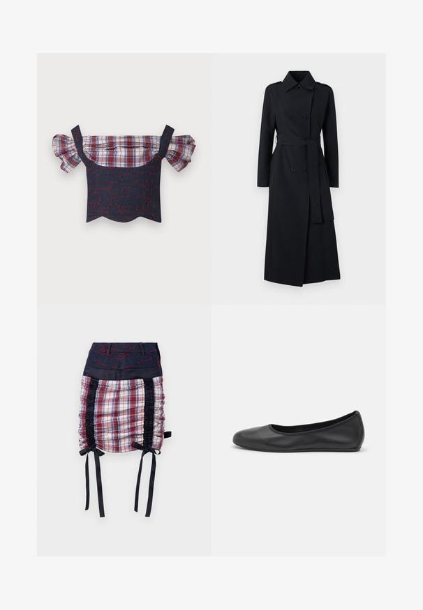 Double-breasted black trench coat made of smooth fabric, featuring a belted waist, long sleeves, and a classic collar design.; Denim off-the-shoulder top with puffy plaid sleeves, featuring a red and blue patterned body and scalloped hem. Adjustable straps included.; Plaid skirt with navy denim waistband. Features black side panels, ruching detail, and black ribbon ties at hem. Red stitching accents.; Black leather ballet flat with a rounded toe, smooth texture, minimal stitching detail, and a flexible sole design.