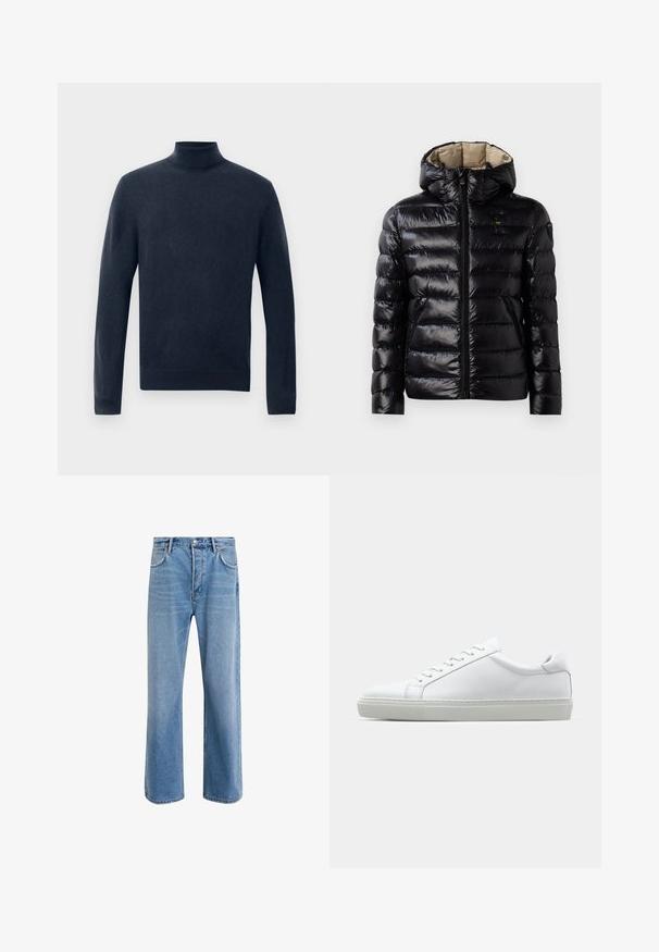 Melna pūkaina jaka ar spīdīgu apdari, quilted dizainu, kapuci, rāvējslēdzēju un divām sānu kabatām. Iekšpuse ir bēša.; Tumši jūras zilas krāsas džemperis ar augstu apkakli; izgatavots no mīksta, gluda auduma; ar garām piedurknēm un pieguļošu apakšmalu.; Gai zilas džinsu bikses ar taisnām kājām, piecām kabatām, pogu aizvēršanu, minimālu izbalēšanu un kontrastējošiem šuvju elementiem.; Baltie sporta apavi ar gludu ādas virsu un zemu profilu. Iezīmējas ar noapaļotu purngalu, sešām acīm un teksturētu gumijas zoli.