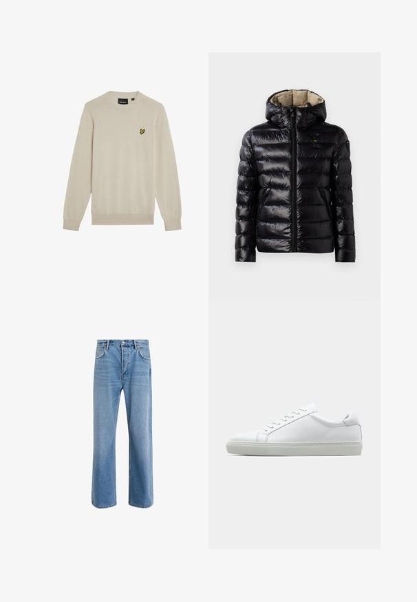Czarna kurtka puchowa o błyszczącej powierzchni, pikowany design, z kapturem, zamek błyskawiczny i dwie boczne kieszenie. Wnętrze jest beżowe.; Beżowy sweter dziany z długimi rękawami i okrągłym dekoltem. Posiada małe żółte haftowane logo na piersi. Miękka tekstura.; Jasnoniebieskie dżinsy o prostym kroju, pięć kieszeni, zapięcie na guzik, minimalne blaknięcia i kontrastowe wykończenia szwów.; Białe sneakersy z gładką skórzaną cholewką i niskim profilem. Posiadają okrągły nos, sześć dziurek na sznurówki oraz teksturowaną gumową podeszwę.