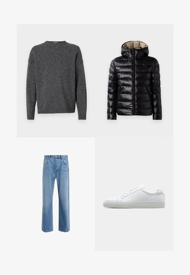 Črna zimska jakna z bleščečo površino, prešito zasnovo, kapuco, zadrgo in dvema stranskima žepoma. Notranjost je bež.; Temno sivo pikčasto pleteno pulover s dolgimi rokavi, krojačkim izrezom ter rebrastimi manšetami in spodnjim robom, prikazan na belem ozadju.; Svetlo modre denim kavbojke s ravno nogavico, petimi žepi, z gumbom za zapiranje, minimalnim zbledelostjo in kontrastnimi šivi.; Bela športna obutev z gladkim usnjenim zgornjim delom in nizkim profilom. Ima zaokrožen nos, šest lukenj za vezalke in teksturiran gumijast podplat.