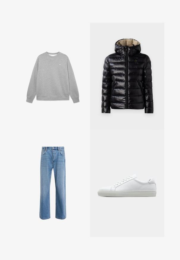 Chaqueta acolchada negra con un acabado brillante, diseño acolchado, capucha, cierre de cremallera y dos bolsillos laterales. El interior es de color beige.; Sudadera gris hecha de una suave mezcla de algodón. Presenta un cuello redondo clásico, mangas largas, puños acanalados y un pequeño logo en el pecho.; Jeans de mezclilla azul claro con un diseño de pierna recta, cinco bolsillos, cierre de botón, ligeramente desgastados y detalles de costura en contraste.; Zapatilla blanca con parte superior de cuero liso y perfil bajo. Presenta una puntera redondeada, seis ojales y una suela de goma texturizada.