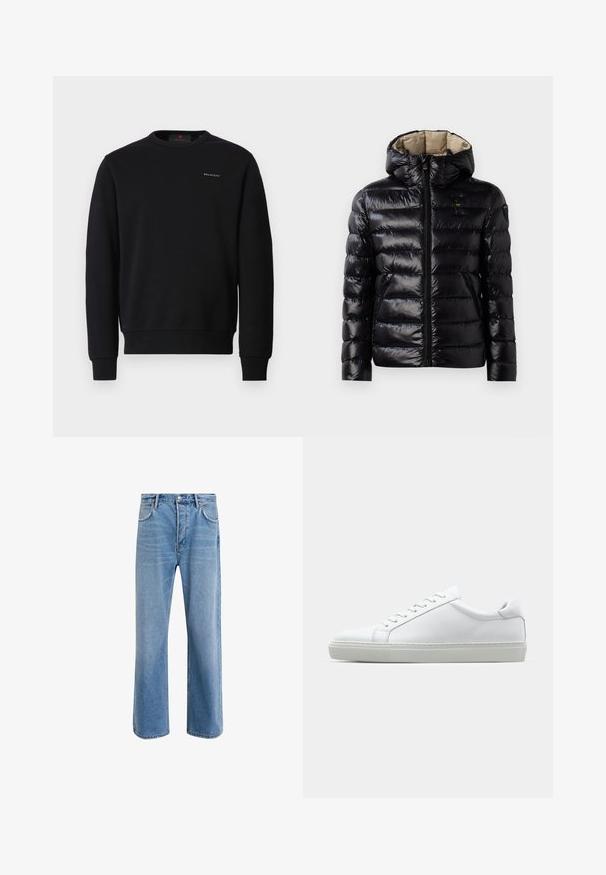 Chaqueta acolchada negra con un acabado brillante, diseño acolchado, capucha, cierre de cremallera y dos bolsillos laterales. El interior es de color beige.; Sudadera de algodón negra con cuello redondo, mangas largas, puños y dobladillo de canalé, con un pequeño logo blanco de "BELSTAFF" en el pecho.; Jeans de mezclilla azul claro con un diseño de pierna recta, cinco bolsillos, cierre de botón, ligeramente desgastados y detalles de costura en contraste.; Zapatilla blanca con parte superior de cuero liso y perfil bajo. Presenta una puntera redondeada, seis ojales y una suela de goma texturizada.