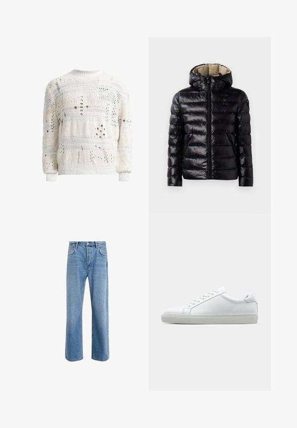 Must must jacket läikiva viimistlusega, tikandiga disain, kapuuts, lukuga sulgemine ja kaks küljetaskut. Siseosa on beež.; Valge kudumiga sviiter, millel on erinevad lõikemustid, tekstuuriga pind ja soonikvarrukad. Ümmargune kaelus, kergelt üleliigne sobivus.; Heledad sinine teksapüksid otse lõikega, viie taskuga, nupuga sulgemine, minimaalne kulumine ja kontrastsed õmbluse detailid.; Valge tennisetoss, millel on sile nahk pealis ja madal profiil. Omab ümarat ninaosa, kuut silmust ja tekstuuriga kummist talda.