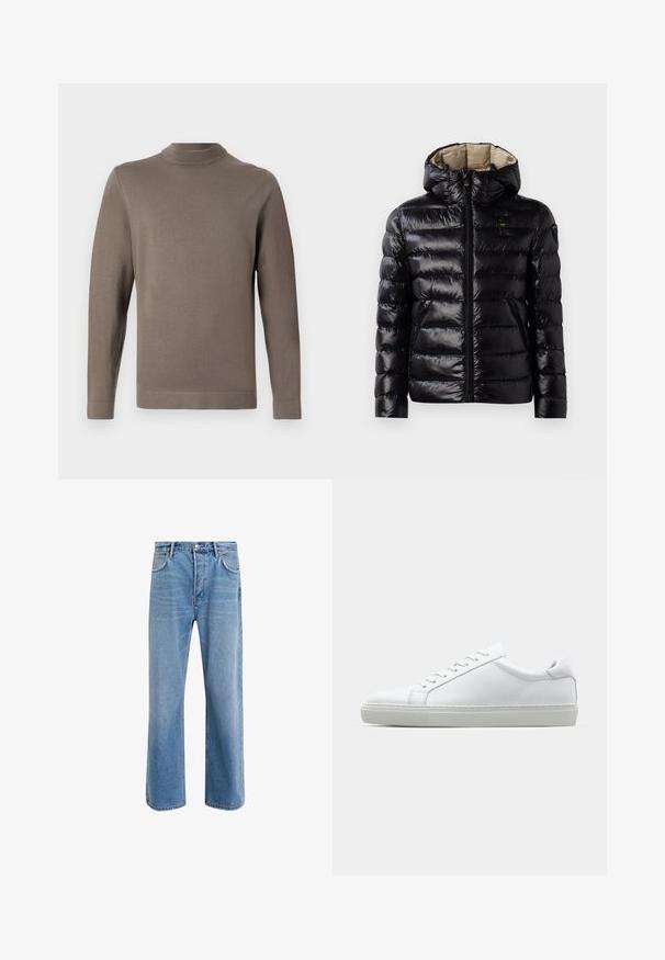 Czarna kurtka puchowa o błyszczącej powierzchni, pikowany design, z kapturem, zamek błyskawiczny i dwie boczne kieszenie. Wnętrze jest beżowe.; Brązowy sweter z długim rękawem wykonany z gładkiego, miękkiego materiału, z wysokim dekoltem i minimalną ilością szwów. Design jest prosty i nowoczesny.; Jasnoniebieskie dżinsy o prostym kroju, pięć kieszeni, zapięcie na guzik, minimalne blaknięcia i kontrastowe wykończenia szwów.; Białe sneakersy z gładką skórzaną cholewką i niskim profilem. Posiadają okrągły nos, sześć dziurek na sznurówki oraz teksturowaną gumową podeszwę.
