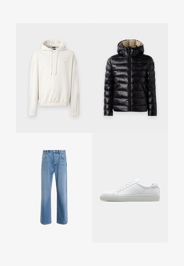 Chaqueta acolchada negra con un acabado brillante, diseño acolchado, capucha, cierre de cremallera y dos bolsillos laterales. El interior es de color beige.; Sudadera color beige claro hecha de tejido suave, con capucha ajustable, puños elásticos y dobladillo ceñido. Detalle de logo pequeño en el pecho.; Jeans de mezclilla azul claro con un diseño de pierna recta, cinco bolsillos, cierre de botón, ligeramente desgastados y detalles de costura en contraste.; Zapatilla blanca con parte superior de cuero liso y perfil bajo. Presenta una puntera redondeada, seis ojales y una suela de goma texturizada.