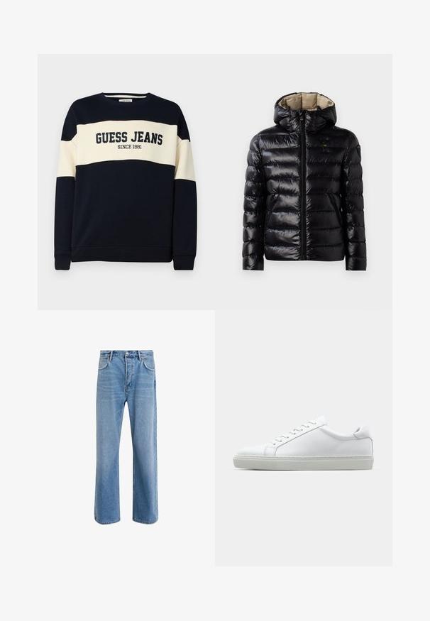 Chaqueta acolchada negra con un acabado brillante, diseño acolchado, capucha, cierre de cremallera y dos bolsillos laterales. El interior es de color beige.; Sudadera de marina con raya horizontal beige, presenta el texto "GUESS JEANS" y el detalle "SINCE 1981". Fabricada en material de algodón suave.; Jeans de mezclilla azul claro con un diseño de pierna recta, cinco bolsillos, cierre de botón, ligeramente desgastados y detalles de costura en contraste.; Zapatilla blanca con parte superior de cuero liso y perfil bajo. Presenta una puntera redondeada, seis ojales y una suela de goma texturizada.