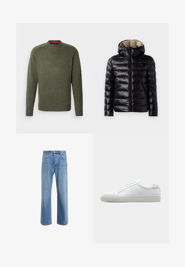 Czarna kurtka puchowa o błyszczącej powierzchni, pikowany design, z kapturem, zamek błyskawiczny i dwie boczne kieszenie. Wnętrze jest beżowe.; Zielony dzianinowy sweter z okrągłym dekoltem i prążkowanymi mankietami, o subtelnej fakturze i haftowanych detalach w pobliżu dekoltu.; Jasnoniebieskie dżinsy o prostym kroju, pięć kieszeni, zapięcie na guzik, minimalne blaknięcia i kontrastowe wykończenia szwów.; Białe sneakersy z gładką skórzaną cholewką i niskim profilem. Posiadają okrągły nos, sześć dziurek na sznurówki oraz teksturowaną gumową podeszwę.