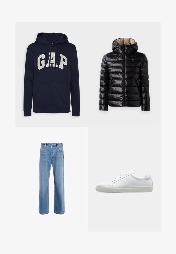 Musta puffatakki kiiltävällä pinnalla, tikattu muotoilu, huppu, vetoketjukiinnitys ja kaksi sivutaskua. Sisäosa on beige.; Tummansininen puuvillahuppu, jossa on suuri, vaaleanharmaa "GAP"-logo, etupussitasku ja narut hupussa. Klassinen muotoilu ribbatuilla hihansuilla.; Vaaleansiniset farkut suoranlahkeisella muotoilulla, viisi taskua, nappisuljenta, vähäinen kuluminen ja kontrastiväriset ompeluyksityiskohdat.; Valkoinen tennari, jossa on sileä nahkapäällinen ja matala profiili. Ominaisuuksiin kuuluu pyöreä kärki, kuusi rei'itystä ja teksturoitu kumipohja.