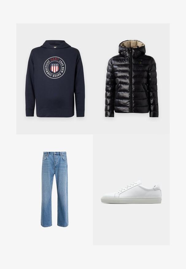 Črna zimska jakna z bleščečo površino, prešito zasnovo, kapuco, zadrgo in dvema stranskima žepoma. Notranjost je bež.; Mornarsko modra kapuca iz mehkega blaga. Ima krožni logo z rdečimi, belimi in modrimi detajli, besedilom ter z vrvico za nastavljanje kapuce.; Svetlo modre denim kavbojke s ravno nogavico, petimi žepi, z gumbom za zapiranje, minimalnim zbledelostjo in kontrastnimi šivi.; Bela športna obutev z gladkim usnjenim zgornjim delom in nizkim profilom. Ima zaokrožen nos, šest lukenj za vezalke in teksturiran gumijast podplat.