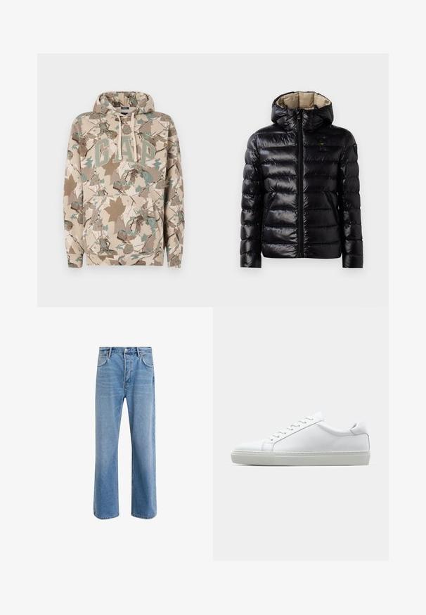 Svart pufferjacka med en glänsande yta, quiltat mönster, huva, dragkedjestängning och två sidofickor. Inredningen är beige.; Beige hoodie med ett kamouflagebladsmönster, med en stor "GAP"-logotyp i grönt och en framficka. Tillverkad av mjuk, strukturerad tyg.; Ljust blå denimjeans med rak passform, fem fickor, knappstängning, minimal blekning och kontrasterande sömdetaljer.; Vit sneaker med en slät läderövre och låg profil. Har en rundad tå, sex snörhål och en strukturerad gummisula.
