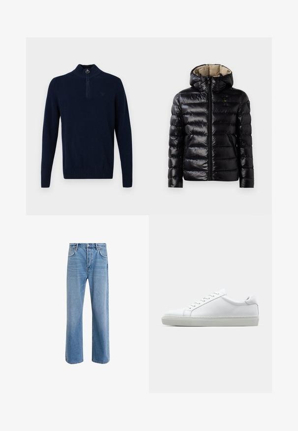 Doudoune noire avec une finition brillante, design matelassé, capuche, fermeture éclair et deux poches latérales. L'intérieur est beige.; Pull à col roulé en maille bleu marine à manches longues, avec des côtes au col, aux poignets et à l'ourlet, doté d'une courte fermeture éclair sur le devant avec une languette ronde.; Jeans en denim bleu clair avec une coupe droite, cinq poches, fermeture à bouton, peu d'usure et des détails de couture contrastés.; Sneaker blanche avec une tige en cuir lisse et un profil bas. Présente un bout arrondi, six œillets et une semelle en caoutchouc texturé.