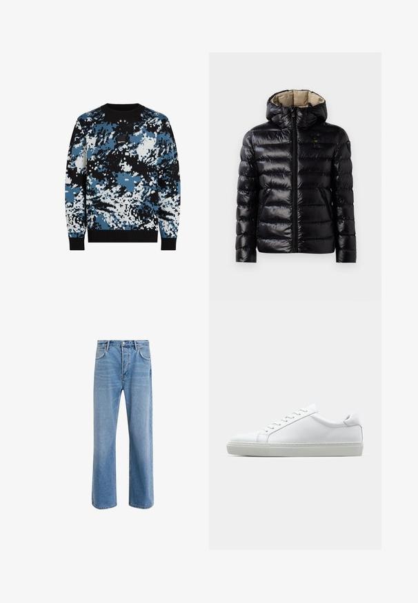 Czarna kurtka puchowa o błyszczącej powierzchni, pikowany design, z kapturem, zamek błyskawiczny i dwie boczne kieszenie. Wnętrze jest beżowe.; Sweter dzianinowy z czarnym, niebieskim i białym wzorem w kamuflaż, ściągacze na dekolcie i mankietach oraz mała naszywka z logo na klatce piersiowej.; Jasnoniebieskie dżinsy o prostym kroju, pięć kieszeni, zapięcie na guzik, minimalne blaknięcia i kontrastowe wykończenia szwów.; Białe sneakersy z gładką skórzaną cholewką i niskim profilem. Posiadają okrągły nos, sześć dziurek na sznurówki oraz teksturowaną gumową podeszwę.
