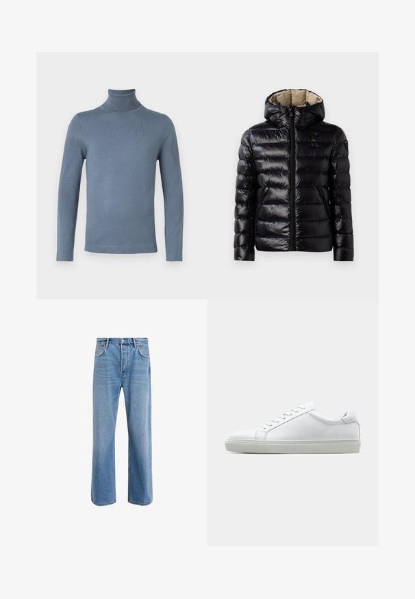 Must must jacket läikiva viimistlusega, tikandiga disain, kapuuts, lukuga sulgemine ja kaks küljetaskut. Siseosa on beež.; Helehelesinine pika varrukaga kõrge kaelusega sviiter, millel on lihtne ja siledat kudumitekstuuri ning istuv siluett valgel taustal.; Heledad sinine teksapüksid otse lõikega, viie taskuga, nupuga sulgemine, minimaalne kulumine ja kontrastsed õmbluse detailid.; Valge tennisetoss, millel on sile nahk pealis ja madal profiil. Omab ümarat ninaosa, kuut silmust ja tekstuuriga kummist talda.