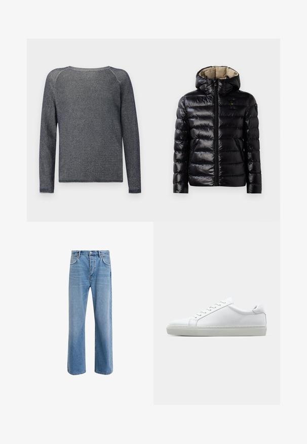 Jachetă puf din material negru, cu finisaj lucios, design cu matlasare, glugă, închidere cu fermoar și două buzunare laterale. Interiorul este bej.; Pulover lung cu manșon, de culoare bleumarin, realizat dintr-o țesătură texturată. Are un decolteu rotund și cusături întărite pe umeri.; Jeans din denim bleu deschis cu un design drept, cinci buzunare, închidere cu buton, decolorare minimă și detalii de cusătură în contrast.; Adidași albi cu o suprafață din piele netedă și un profil jos. Au un vârf rotunjit, șase orificii pentru șireturi și o talpă din cauciuc texturată.