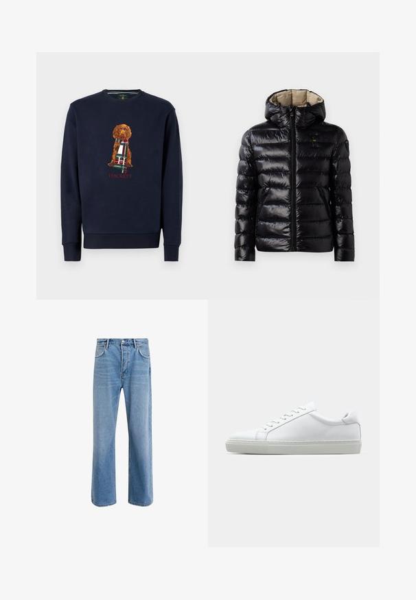 Črna zimska jakna z bleščečo površino, prešito zasnovo, kapuco, zadrgo in dvema stranskima žepoma. Notranjost je bež.; Mornarski pulover s temnim psom, ki nosi karirast šal, in z besedo "HACKETT" vezeno pod psom.; Svetlo modre denim kavbojke s ravno nogavico, petimi žepi, z gumbom za zapiranje, minimalnim zbledelostjo in kontrastnimi šivi.; Bela športna obutev z gladkim usnjenim zgornjim delom in nizkim profilom. Ima zaokrožen nos, šest lukenj za vezalke in teksturiran gumijast podplat.