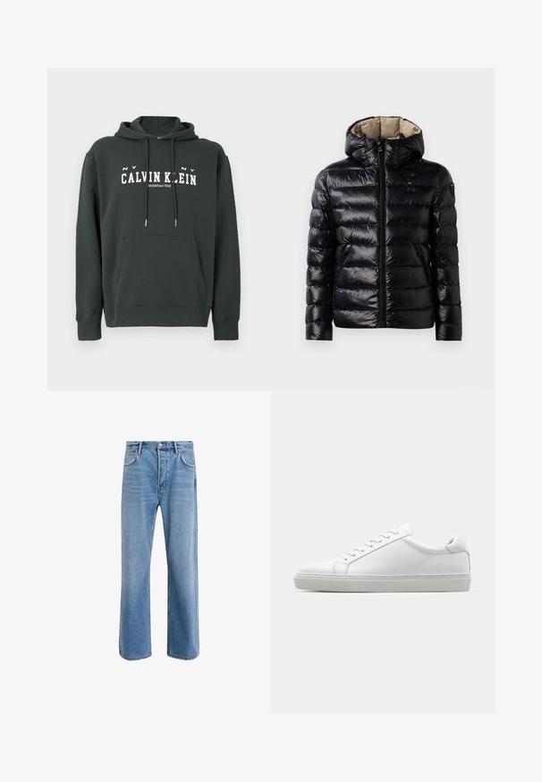 Giacca a vento nera con finitura lucida, design trapuntato, cappuccio, chiusura con zip e due tasche laterali. L'interno è beige.; Felpa in cotone verde scuro con tasca a marsupio, cappuccio con coulisse e logo "CALVIN KLEIN" bianco. Presenta polsini e orlo a coste.; Jeans in denim blu chiaro con design a gamba dritta, cinque tasche, chiusura con bottone, leggero sbiadimento e dettagli di cucitura a contrasto.; Sneaker bianco con tomaia in pelle liscia e profilo basso. Presenta una punta arrotondata, sei occhielli e una suola in gomma testurizzata.