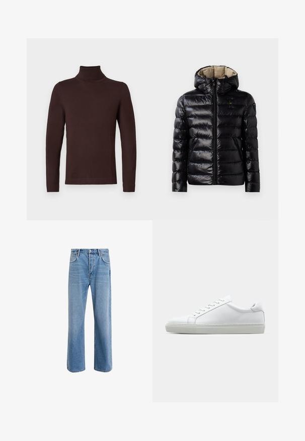 Czarna kurtka puchowa o błyszczącej powierzchni, pikowany design, z kapturem, zamek błyskawiczny i dwie boczne kieszenie. Wnętrze jest beżowe.; Ciemnobrązowy sweter z długim rękawem i golfem o dopasowanym kroju, wyeksponowany na jednolitym białym tle.; Jasnoniebieskie dżinsy o prostym kroju, pięć kieszeni, zapięcie na guzik, minimalne blaknięcia i kontrastowe wykończenia szwów.; Białe sneakersy z gładką skórzaną cholewką i niskim profilem. Posiadają okrągły nos, sześć dziurek na sznurówki oraz teksturowaną gumową podeszwę.