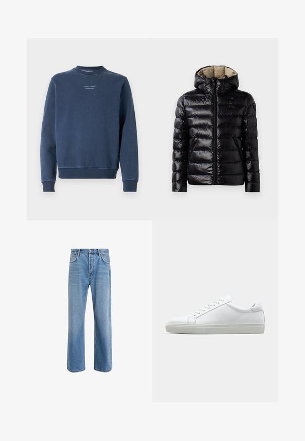 Zwarte pufferjack met een glanzende afwerking, geborduurde design, capuchon, ritsluiting en twee zijzakken. Binnenkant is beige.; Marineblauwe sweatshirt gemaakt van textuur katoen. Heeft een ronde hals, lange mouwen en ribgebreide manchetten. Merkopdruk op de borst.; Lichtblauwe denim jeans met een straight-leg ontwerp, vijf zakken, knoopsluiting, minimale vervaging en contrasterende stikseldetails.; Witte sneaker met een gladlederen bovenwerk en een laag profiel. Voorzien van een ronde neus, zes vetergaatjes en een gestructureerde rubberen zool.