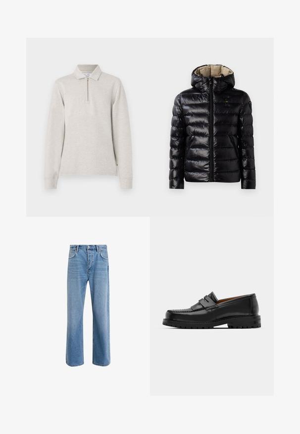 Musta puffatakki kiiltävällä pinnalla, tikattu muotoilu, huppu, vetoketjukiinnitys ja kaksi sivutaskua. Sisäosa on beige.; Vaaleanharmaa pitkähihainen polo-paita, jossa on puolivetoketjukaulus, kauluksellinen muotoilu ja hupulliset hihat, valmistettu pehmeästä tekstuurikankaasta.; Vaaleansiniset farkut suoranlahkeisella muotoilulla, viisi taskua, nappisuljenta, vähäinen kuluminen ja kontrastiväriset ompeluyksityiskohdat.; Mustat nahka loafit sisältävät kohoavan sauman, kaksi koristeellista nauhaa yläosassa ja paksun teksturoidun pohjan parempaa pitoa varten.