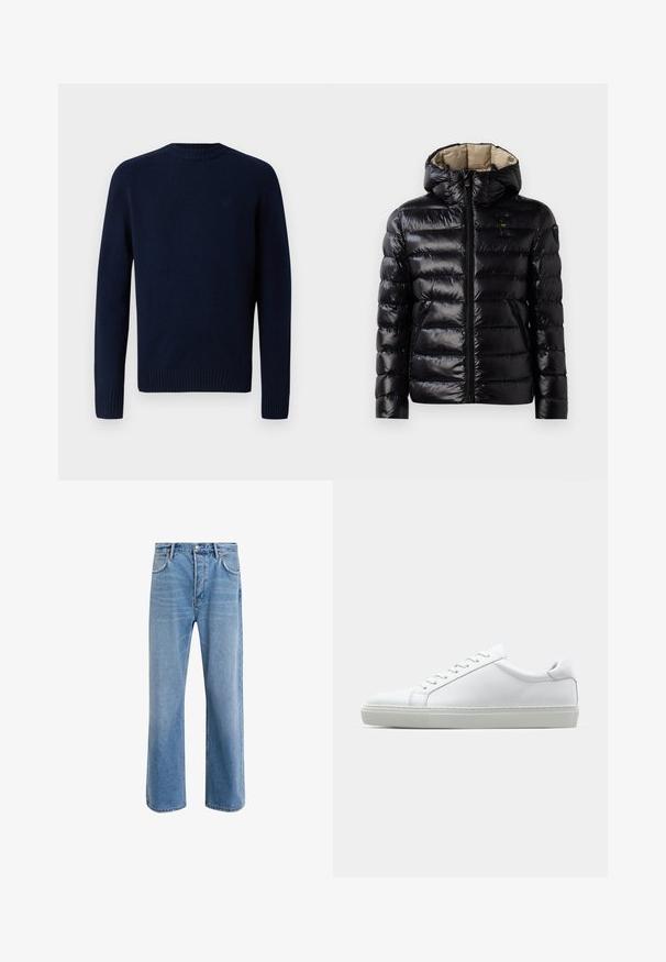 Schwarze Pufferjacke mit glänzender Oberfläche, gestepptem Design, Kapuze, Reißverschluss und zwei seitlichen Taschen. Innenfutter ist beige.; Dunkelblauer Strickpullover mit rundem Halsausschnitt, gerippten Bündchen und Saum. Sanfte Textur mit einem dezenten Logo im oberen Rückenbereich. Schlichtes Design.; Helle blaue Jeans im Geradeschnitt-Design, mit fünf Taschen, Knopfverschluss, minimaler Ausbleichung und kontrastierenden Nähdetails.; Weißer Sneaker mit glattem Lederobermaterial und niedrigem Profil. Verfügt über eine runde Zehenpartie, sechs Ösen und eine strukturierte Gummisohle.