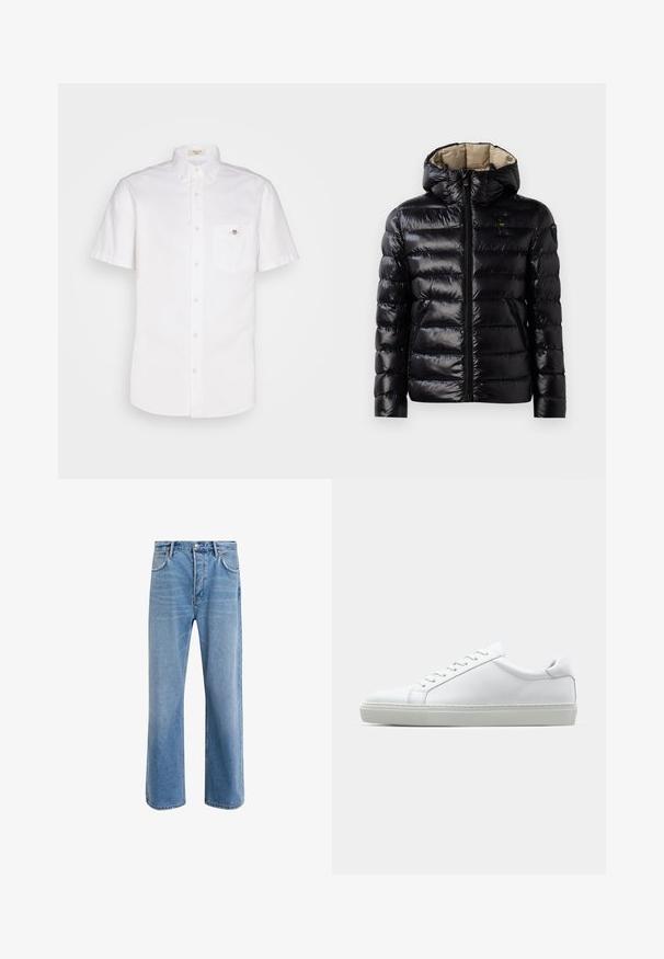 Casaco puffer preto com acabamento brilhante, design matelassé, capuz, fecho de correr e dois bolsos laterais. O interior é bege.; Camisa branca de botão de manga curta feita de algodão, com um bolso no peito e um pequeno logotipo no bolso. Design texturizado e limpo.; Calças de ganga azul claro com um design de perna reta, cinco bolsos, fecho de botão, desgaste mínimo e detalhes de costura em contraste.; Sapatilha branca com um cabedal em couro liso e de perfil baixo. Apresenta um bico redondo, seis ilhoses e uma sola de borracha texturizada.