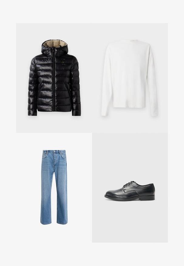 Svart boblejakke med skinnende overflate, quiltet design, hette, glidelås og to sidelommer. Innvendig er den beige.; Langermet hvit bomullsskjorte med rund hals, sidespalter nederst og en jevn tekstur, vist fra baksiden.; Lys blå denimjeans med rett ben-design, fem lommer, knappeåpning, minimal falming og kontrasterende sømdetaljer.; Sorte skinnsko med avrundet tå, flat såle og seks strefor hull for snøring; glatt tekstur og minimalistisk design.
