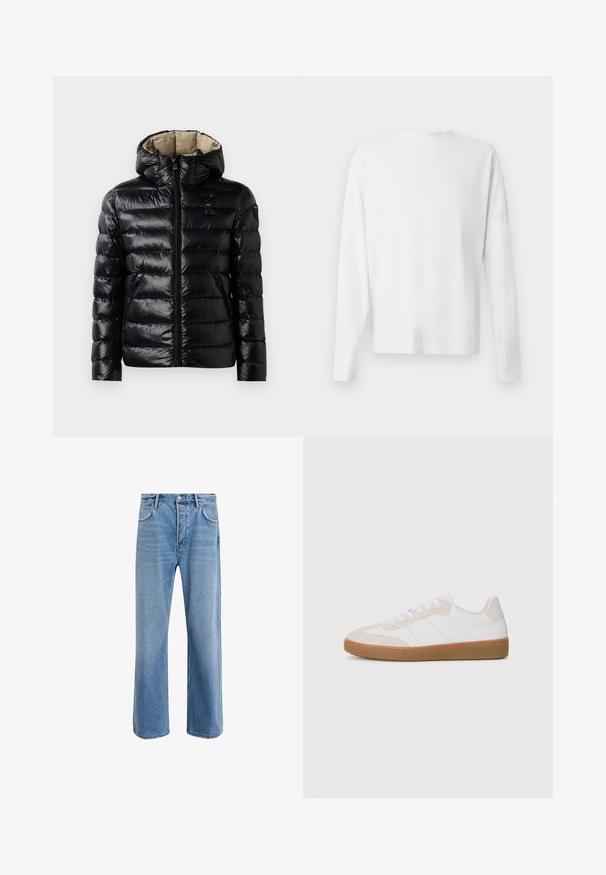 Black puffer jacket with a shiny finish, quilted design, hood, zip closure, and two side pockets. Interior is beige.; Long-sleeved white cotton shirt with a round neckline, side slits at the bottom, and a smooth texture, displayed from the back.; Light blue denim jeans with a straight-leg design, five pockets, button closure, minimal fading, and contrasting stitching details.; White and beige sneaker with suede and leather elements. Features a rubber sole, lace-up design, and minimalist side stripes.