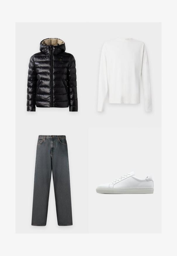 Chaqueta acolchada negra con un acabado brillante, diseño acolchado, capucha, cierre de cremallera y dos bolsillos laterales. El interior es de color beige.; Camisa de algodón blanca de manga larga con cuello redondo, aberturas laterales en la parte inferior y una textura suave, exhibida desde la parte de atrás.; Jeans de mezclilla gris oscuro con un diseño de pierna recta, cinco bolsillos y cierre de botón y cremallera. La tela presenta un ligero desgaste y costuras.; Zapatilla blanca con parte superior de cuero liso y perfil bajo. Presenta una puntera redondeada, seis ojales y una suela de goma texturizada.