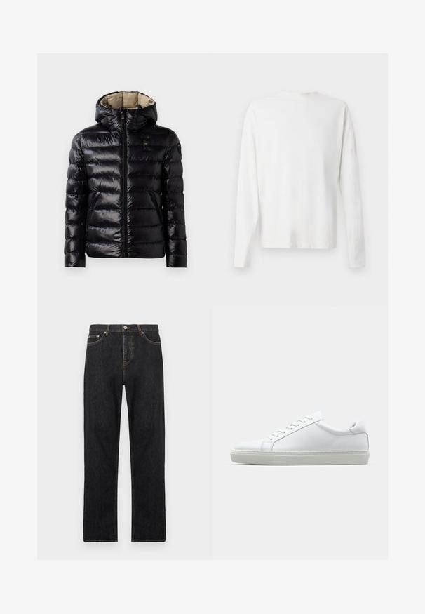 Chaqueta acolchada negra con un acabado brillante, diseño acolchado, capucha, cierre de cremallera y dos bolsillos laterales. El interior es de color beige.; Camisa de algodón blanca de manga larga con cuello redondo, aberturas laterales en la parte inferior y una textura suave, exhibida desde la parte de atrás.; Vaqueros de mezclilla negra con corte recto, que cuentan con cierre de botón, cinco bolsillos y detalles de costura sutil a lo largo de las costuras.; Zapatilla blanca con parte superior de cuero liso y perfil bajo. Presenta una puntera redondeada, seis ojales y una suela de goma texturizada.