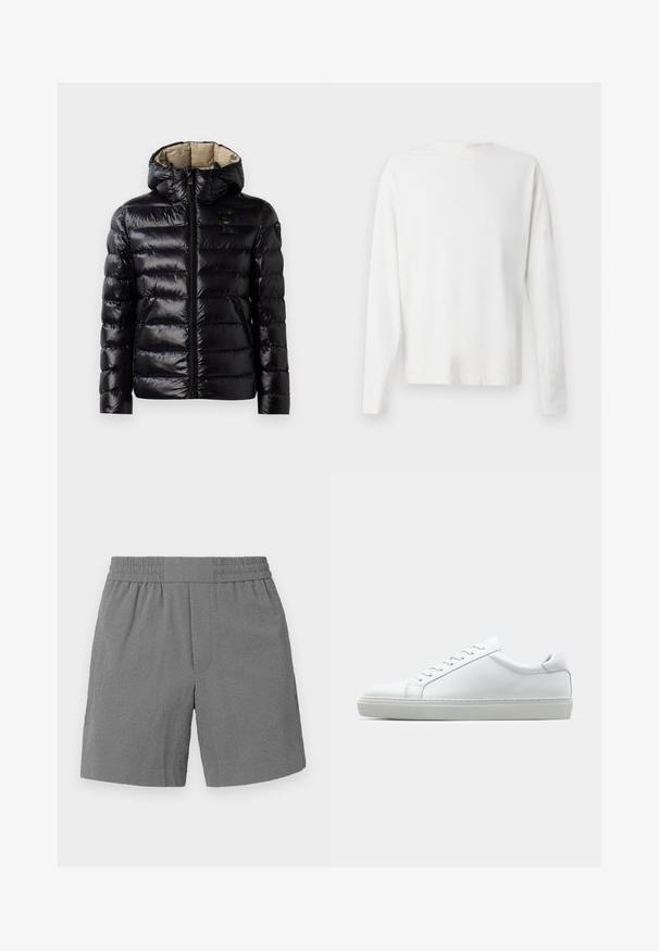 Doudoune noire avec une finition brillante, design matelassé, capuche, fermeture éclair et deux poches latérales. L'intérieur est beige.; Chemise en coton blanc à manches longues avec un col rond, fentes latérales en bas et une texture lisse, présentée de dos.; Shorts gris avec une taille élastique, en tissu texturé et à coupe droite. Dispose de deux poches latérales et d'un motif subtil.; Sneaker blanche avec une tige en cuir lisse et un profil bas. Présente un bout arrondi, six œillets et une semelle en caoutchouc texturé.